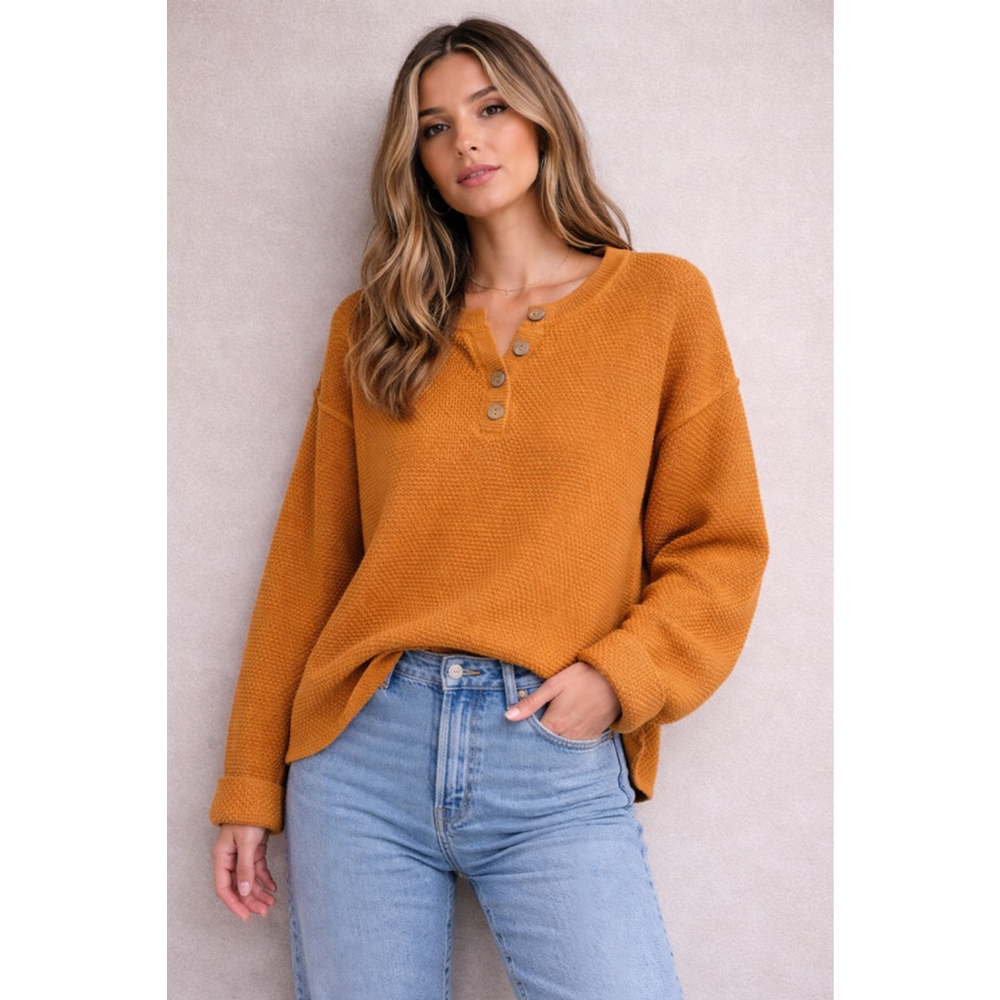 Free People FP Beach Hailee Waffle Knit Henley Sweater Pullover orange Medium